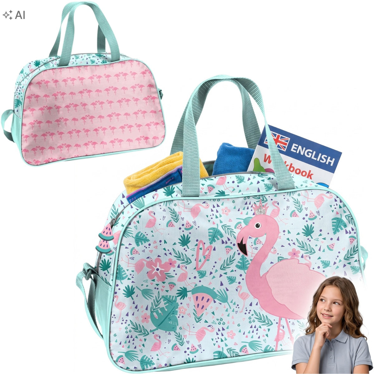 SPORTS BAG FOR SCHOOL PINK FLAMINGO FOR BABY GIRL FOR SWIMMING POOL WF