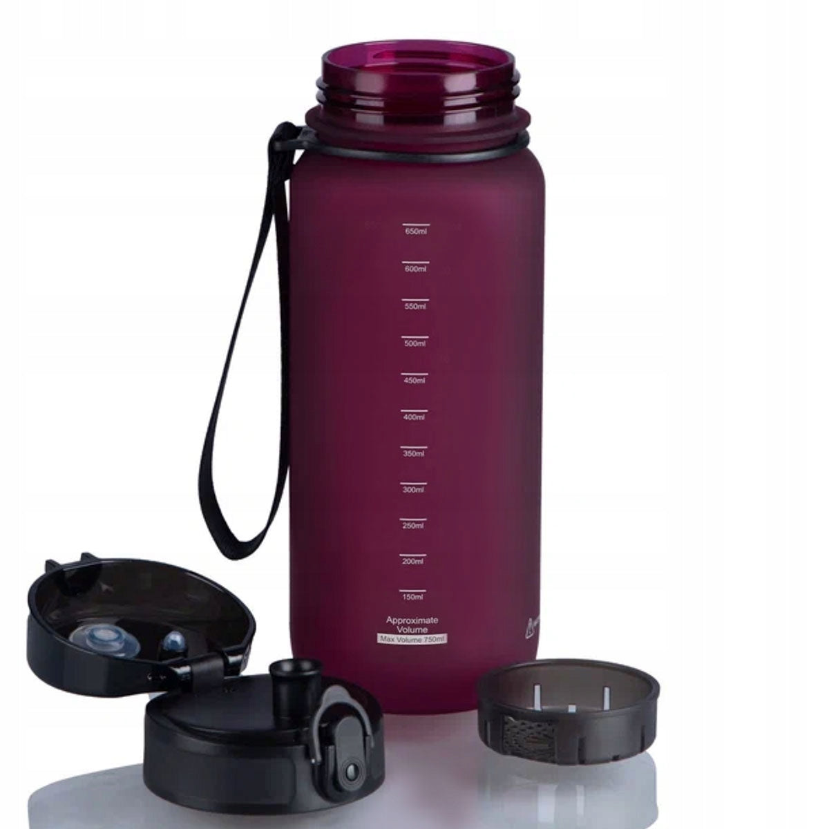 SPORTS BOTTLE 650ML TRITAN WATER BOTTLE WITH MEASURING CUP BPA FREE BURGUNDY Packaging status original