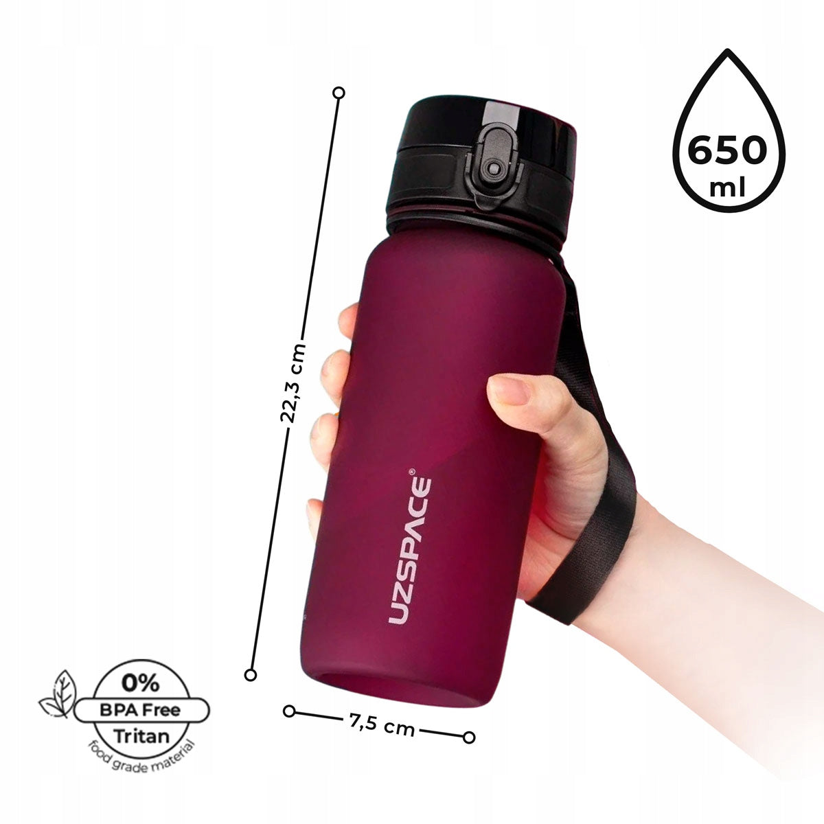SPORTS BOTTLE 650ML TRITAN WATER BOTTLE WITH MEASURING CUP BPA FREE BURGUNDY Volume 650 ml