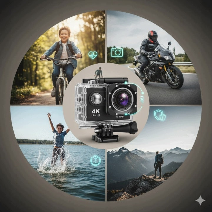 SPORTS CAMERA 4K FULL HD WIFI WATERPROOF 30M HANDLES SET 170° PRO 2 Manufacturer code KAMERA SPORTOWA 4K FULL HD WIFI WODOODPORNA