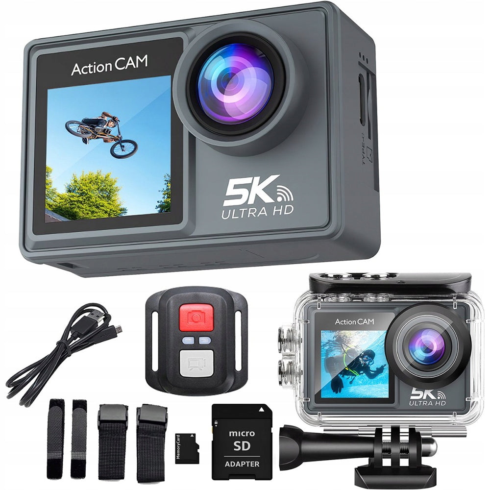 SPORTS CAMERA WIFI 5K 30FPS DOUBLE-SIDED SCREEN WATERPROOF 30M + 64GB CARD