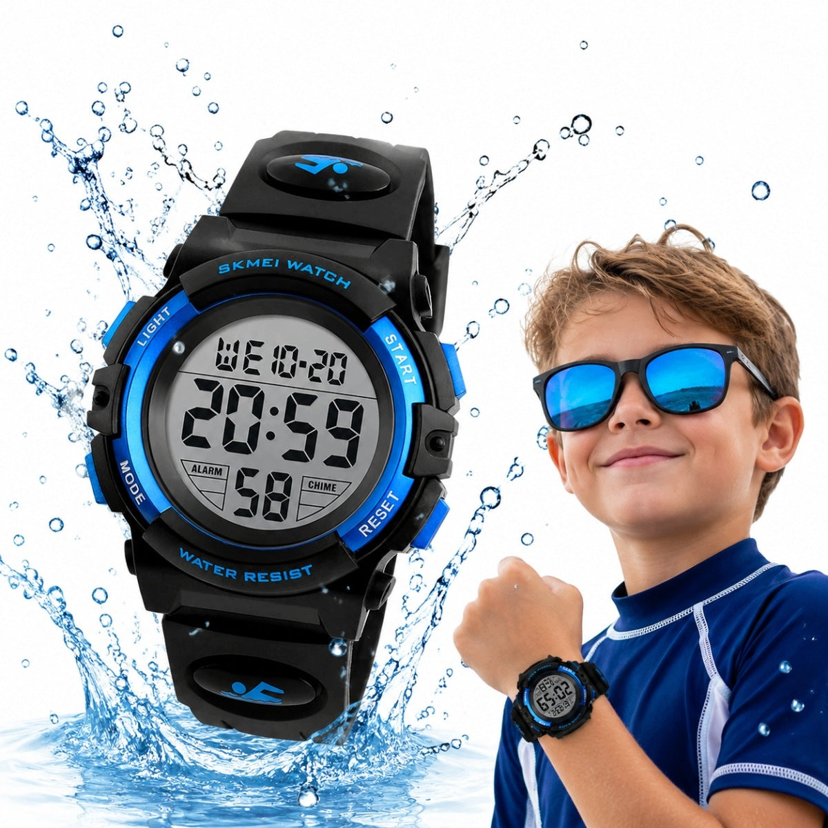 SPORTS DIGITAL WATCH FOR CHILDREN 5 ATM ALARM CLOCK LED WATERPROOF BLUE