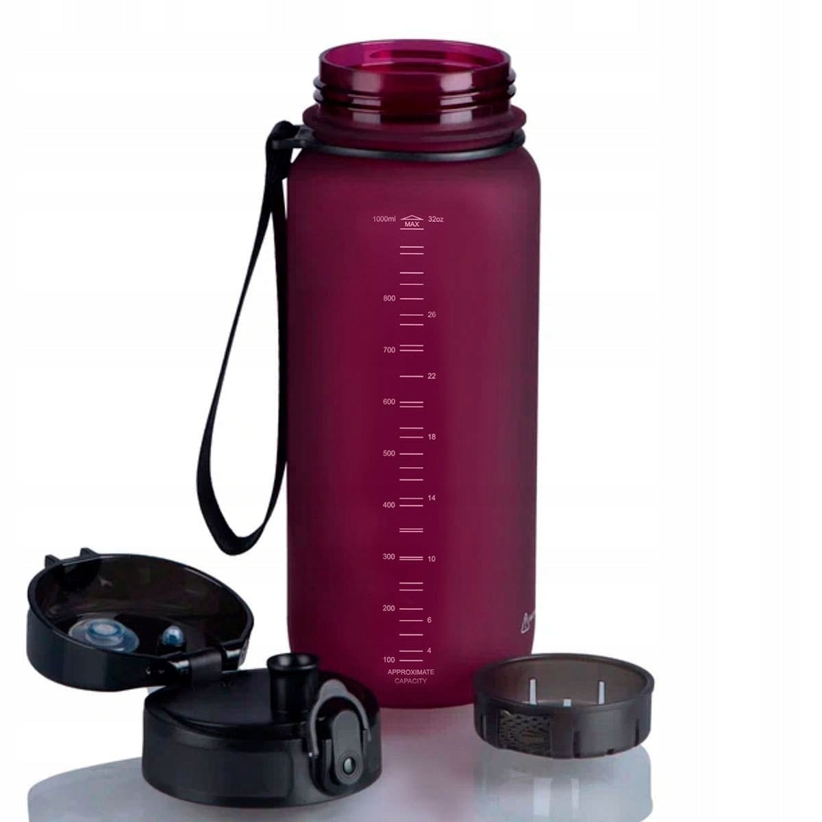 SPORTS WATER BOTTLE 1L TRITAN BOTTLE WITH MEASURING CUP BPA FREE BURGUNDY Model bidon na wodę Colorful Frosted