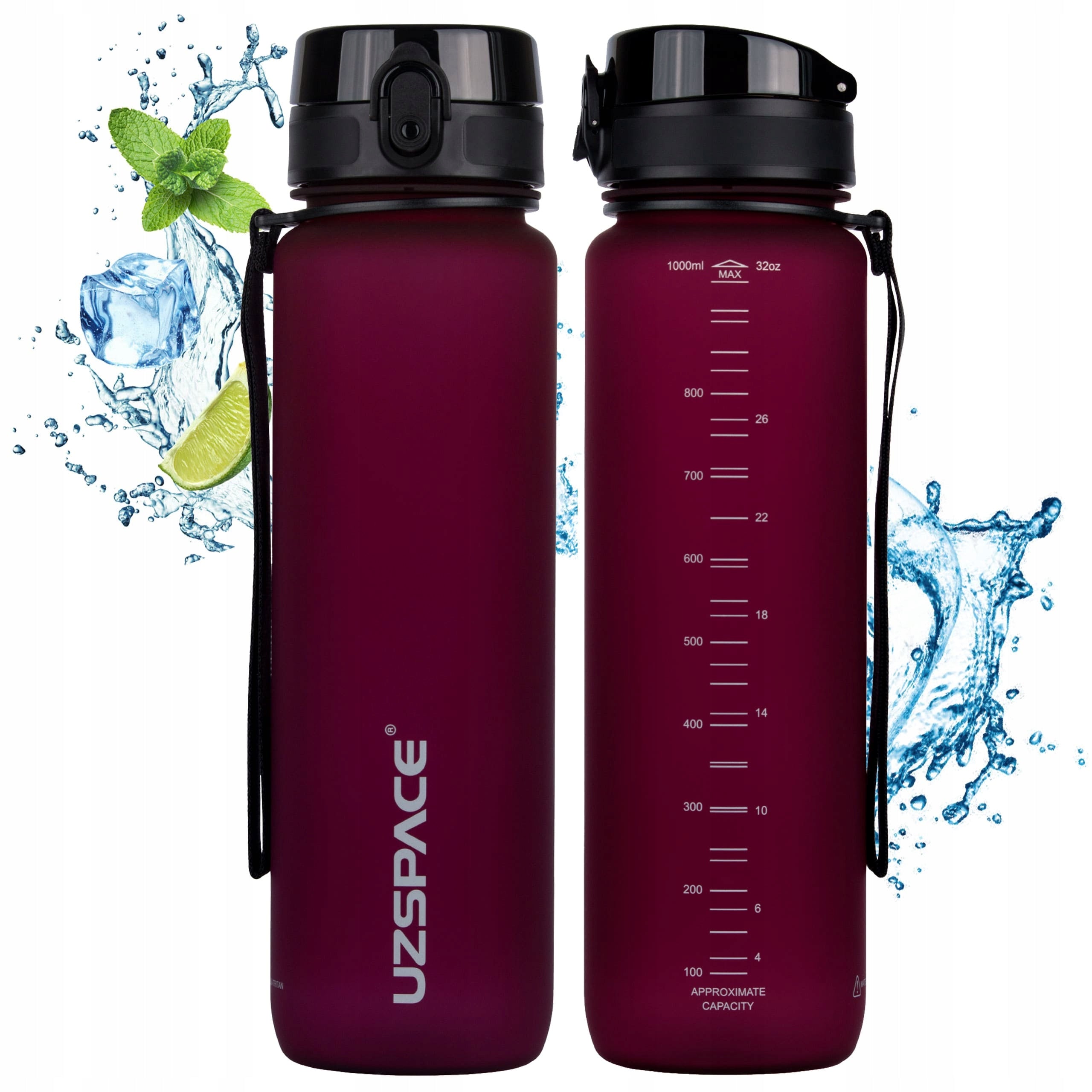 SPORTS WATER BOTTLE 1L TRITAN BOTTLE WITH MEASURING CUP BPA FREE BURGUNDY