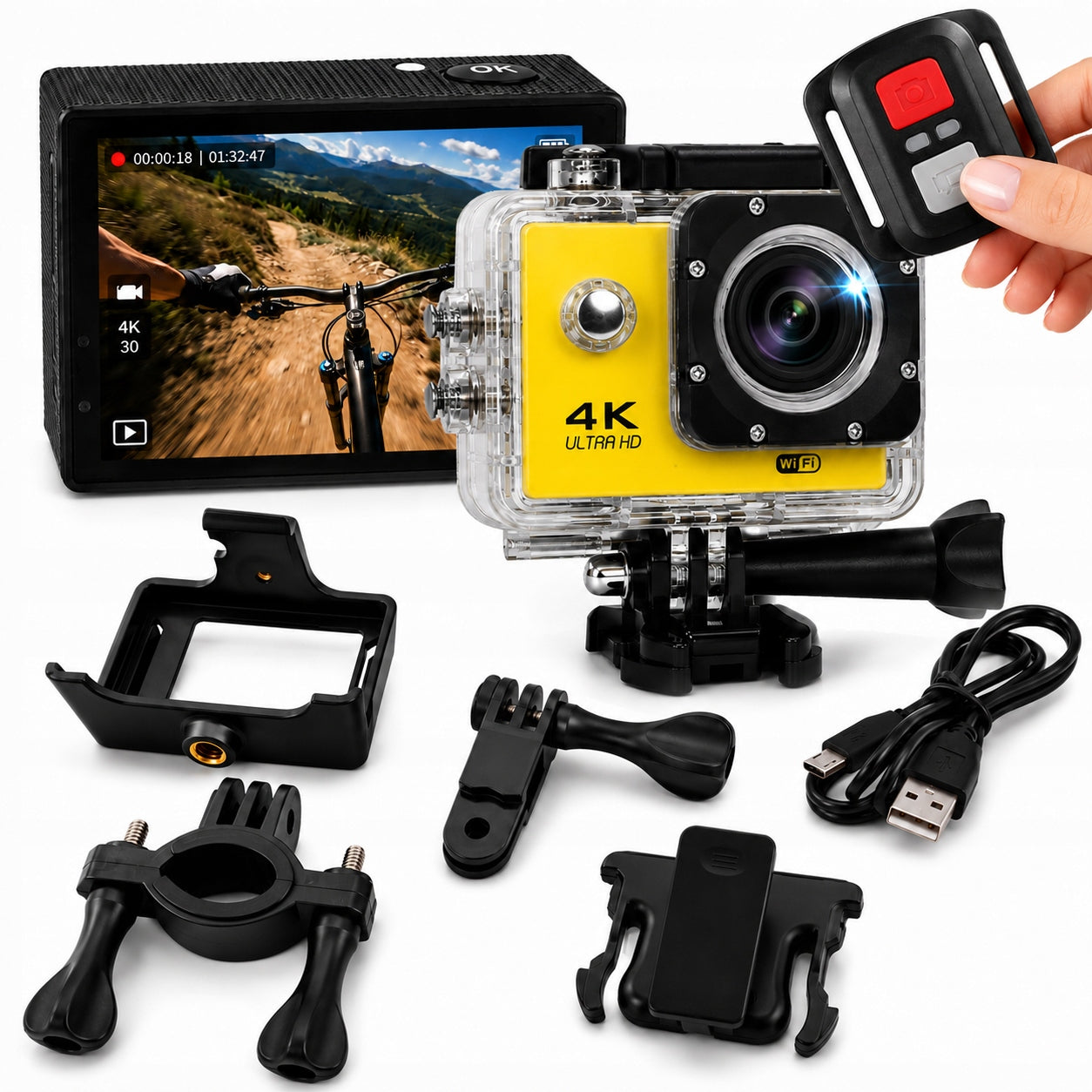 SPORTS WATERPROOF CAMERA 4K UHD LCD SPEAKER + MOUNT KIT + REMOTE CONTROL