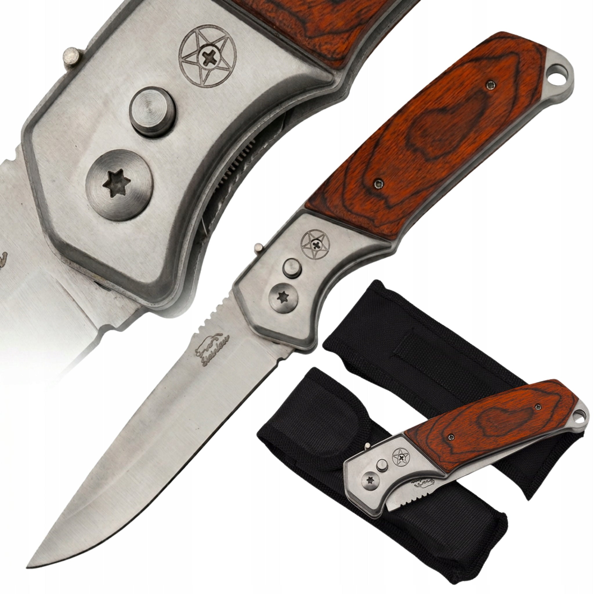 SPRING KNIFE FOLDING WOOD STAINLESS STEEL 420 CAMPING SURVIVAL + CASE