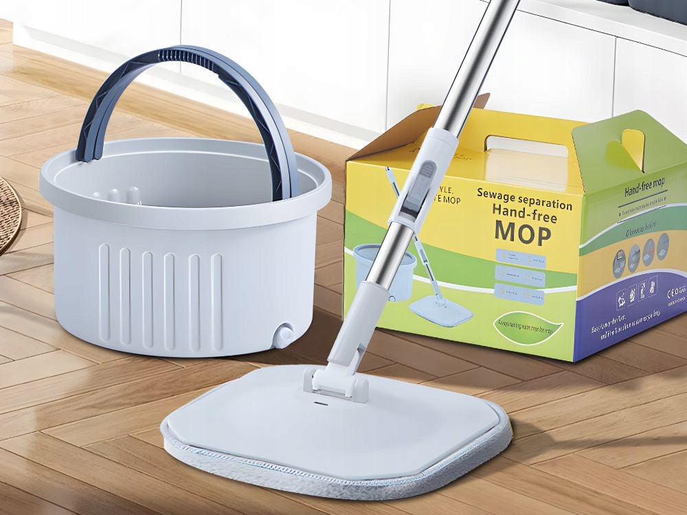 SQUARE FLAT MOP WITH ROTARY BUCKET DRAIN MICROFIBER COVER