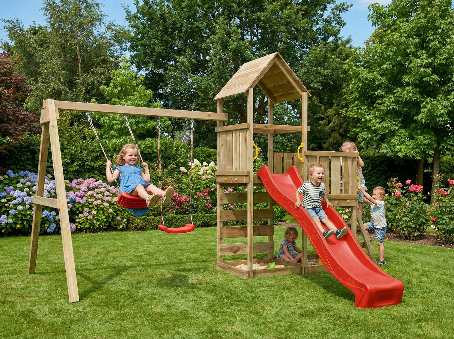 SQUARE TOYS HOUSE wooden SLIDE SWINGS Sandbox WALL FUNGOO Brand Fungoo