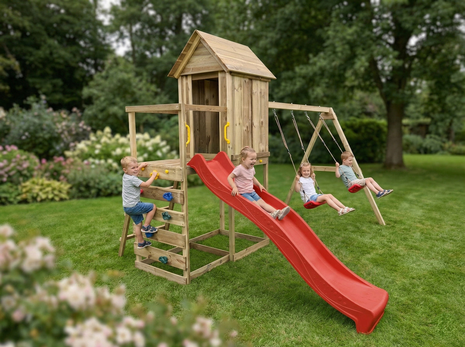 SQUARE TOYS WOODEN HOUSE SLIDE SWINGS Sandbox WALL FUNGOO Dominant material wood
