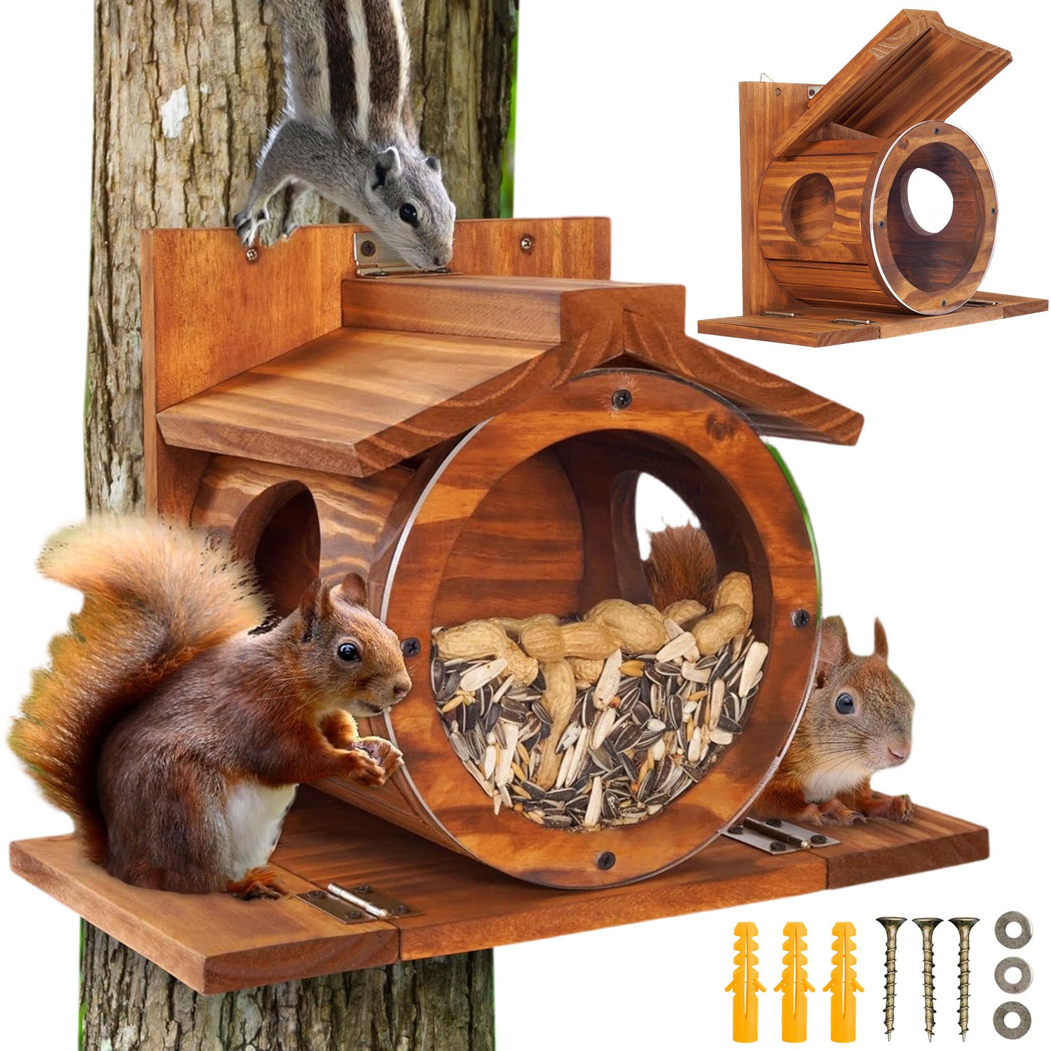 SQUIRREL HOUSE WOODEN FEEDER FOR SQUIRREL OPENING ROUND