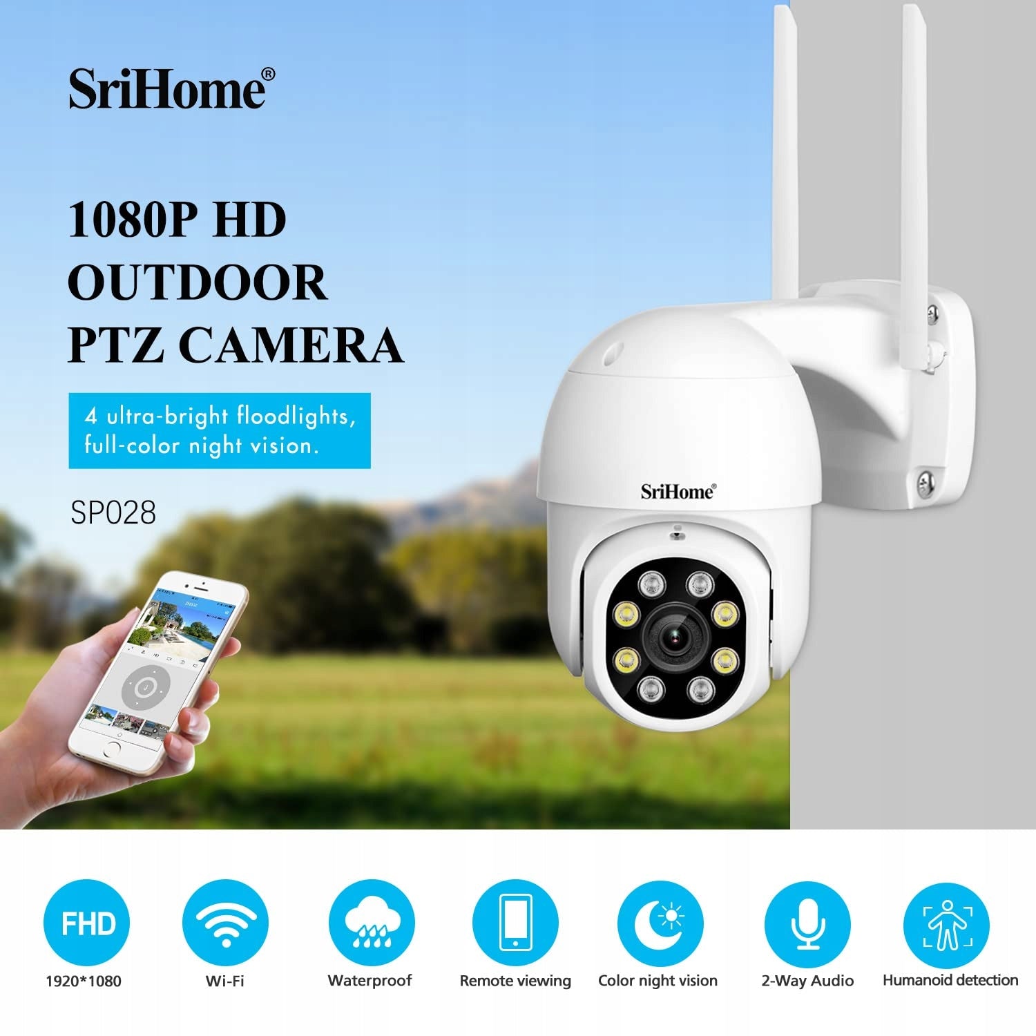 SRISHOME Outdoor Camera 1080P WiFi PTZ IP66 Night Two Way Audio Packaging status original