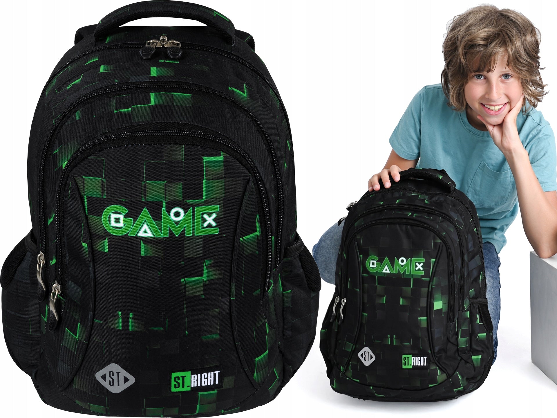 ST.RIGHT 3-chamber school backpack BAG GAME FOR BOYS 1-3 PIXELS
