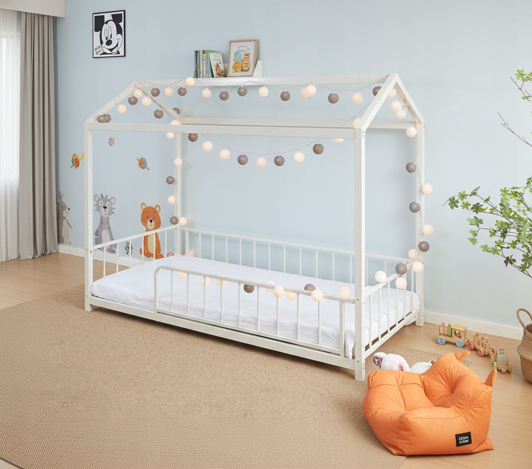 STABLE METAL COTTAGE BED WITH BARRIERS AND FRAME - WHITE - 90X200CM Packaging status original