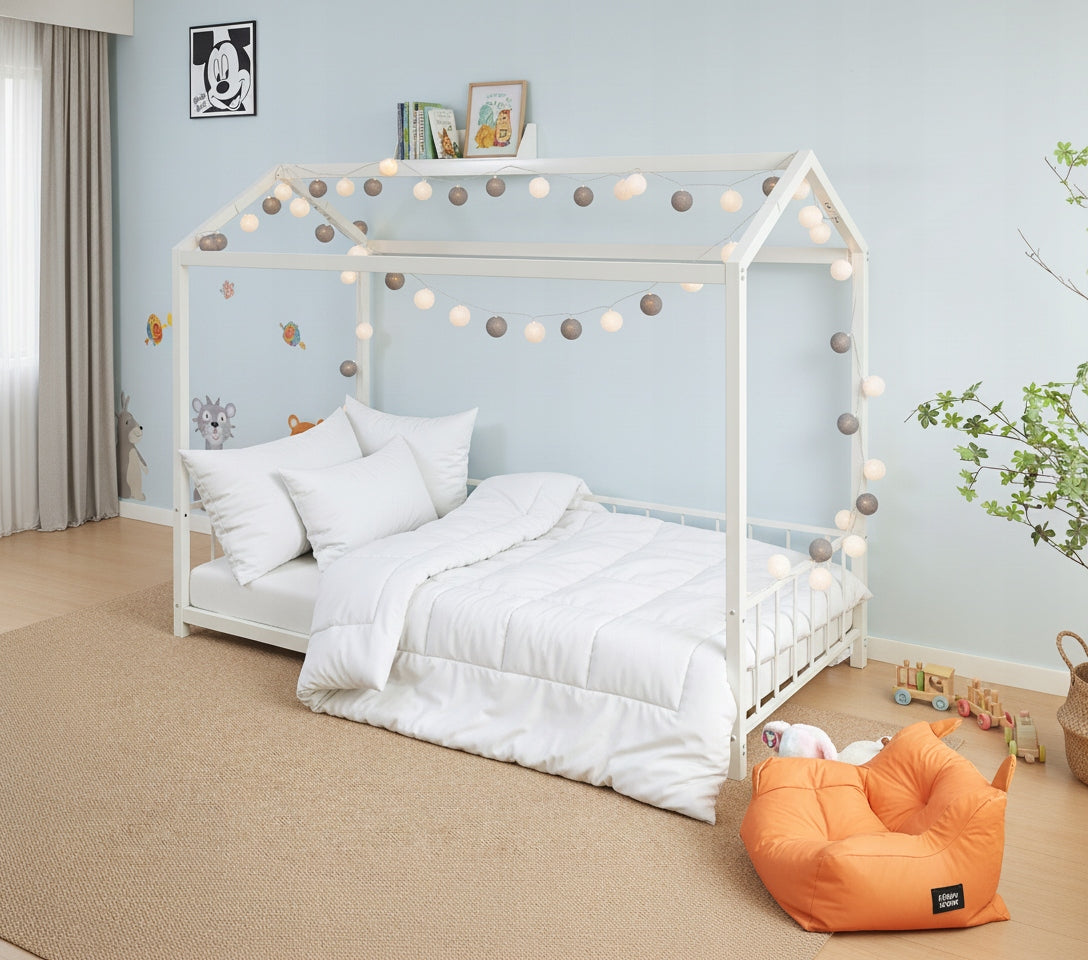 STABLE METAL COTTAGE BED WITH BARRIERS AND FRAME - WHITE - 90X200CM