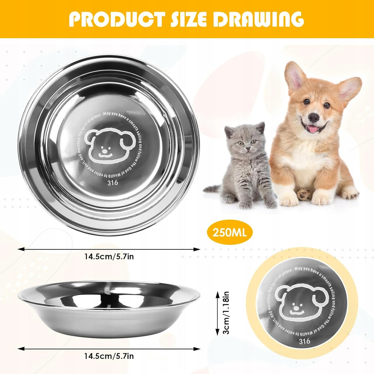 STAINLESS STEEL CAT AND DOG BOWLS 14 CM SET OF 6 Brand SureFeed