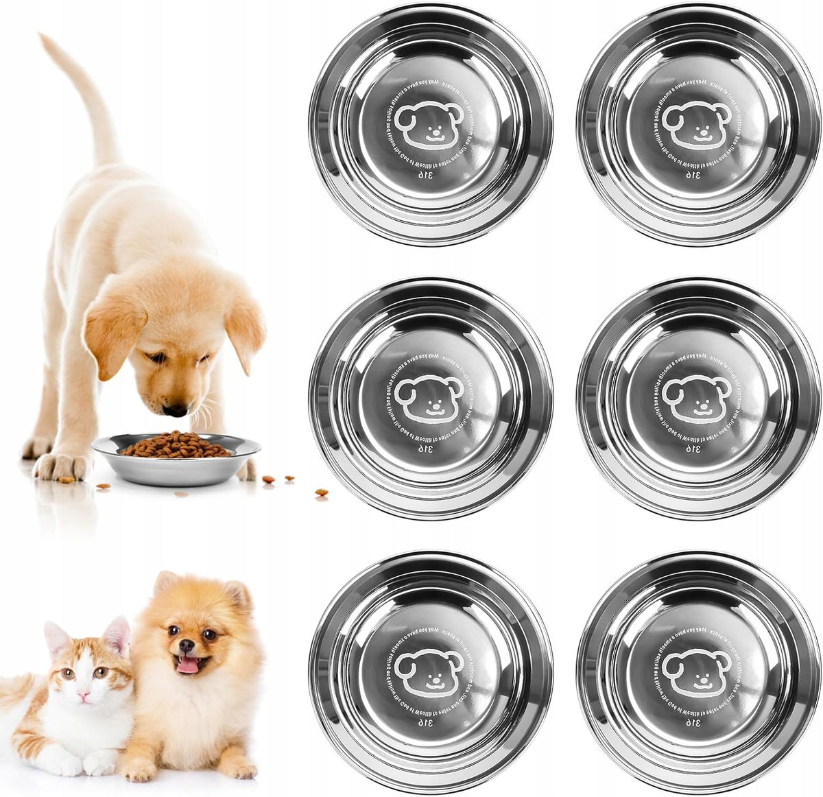 STAINLESS STEEL CAT AND DOG BOWLS 14 CM SET OF 6