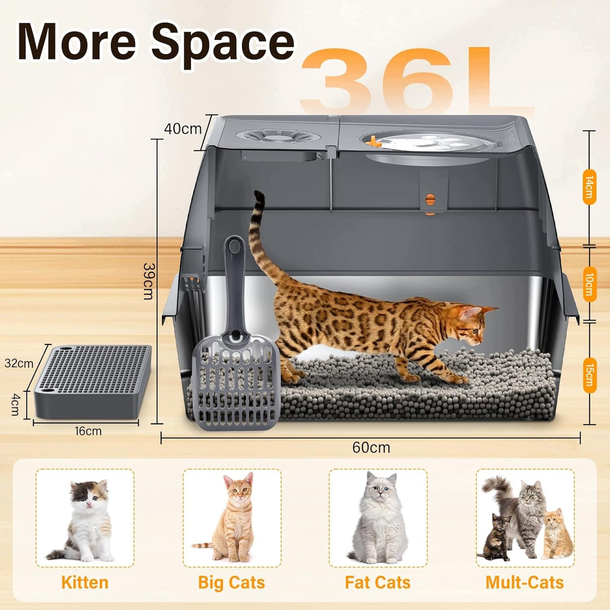 STAINLESS STEEL CAT LITTER BOX 60X40X39 CM CLOSED
