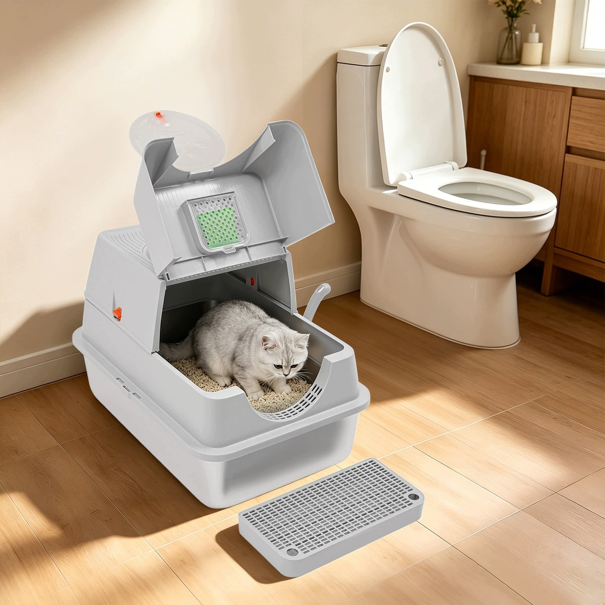 STAINLESS STEEL FLIP-TOP CAT LITTER BOX, LIGHT GRAY, 60*40*39CM Manufacturer code 0596@@