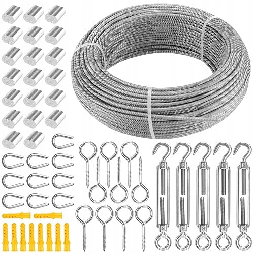 STAINLESS STEEL ROPE 3MM 50M SET CLAMPS STEEL SCREWS