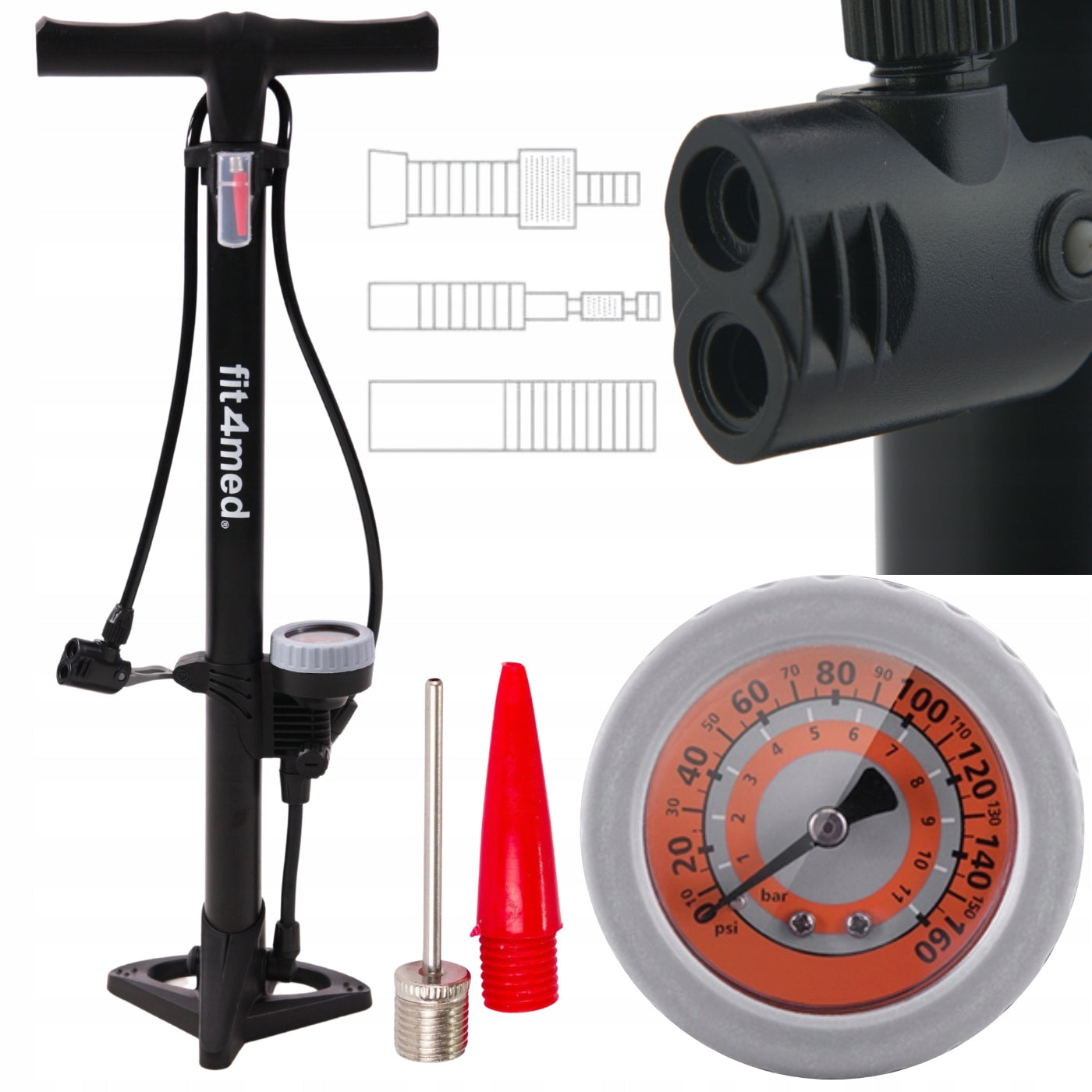 STANDING BICYCLE PUMP WITH PRESSURE GAUGE 11BAR UNIVERSAL DunlopPrestaSchrader Color black