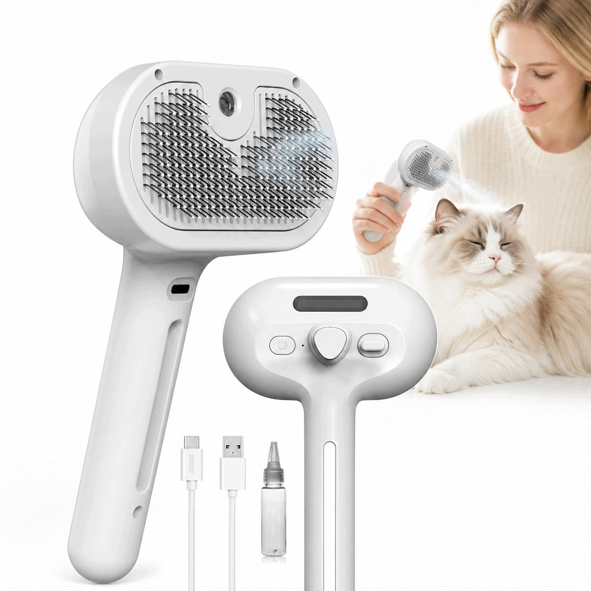 STEAM BRUSH FOR CATS AND DOGS TO CLEAN DOG AND CAT HAIR - WHITE