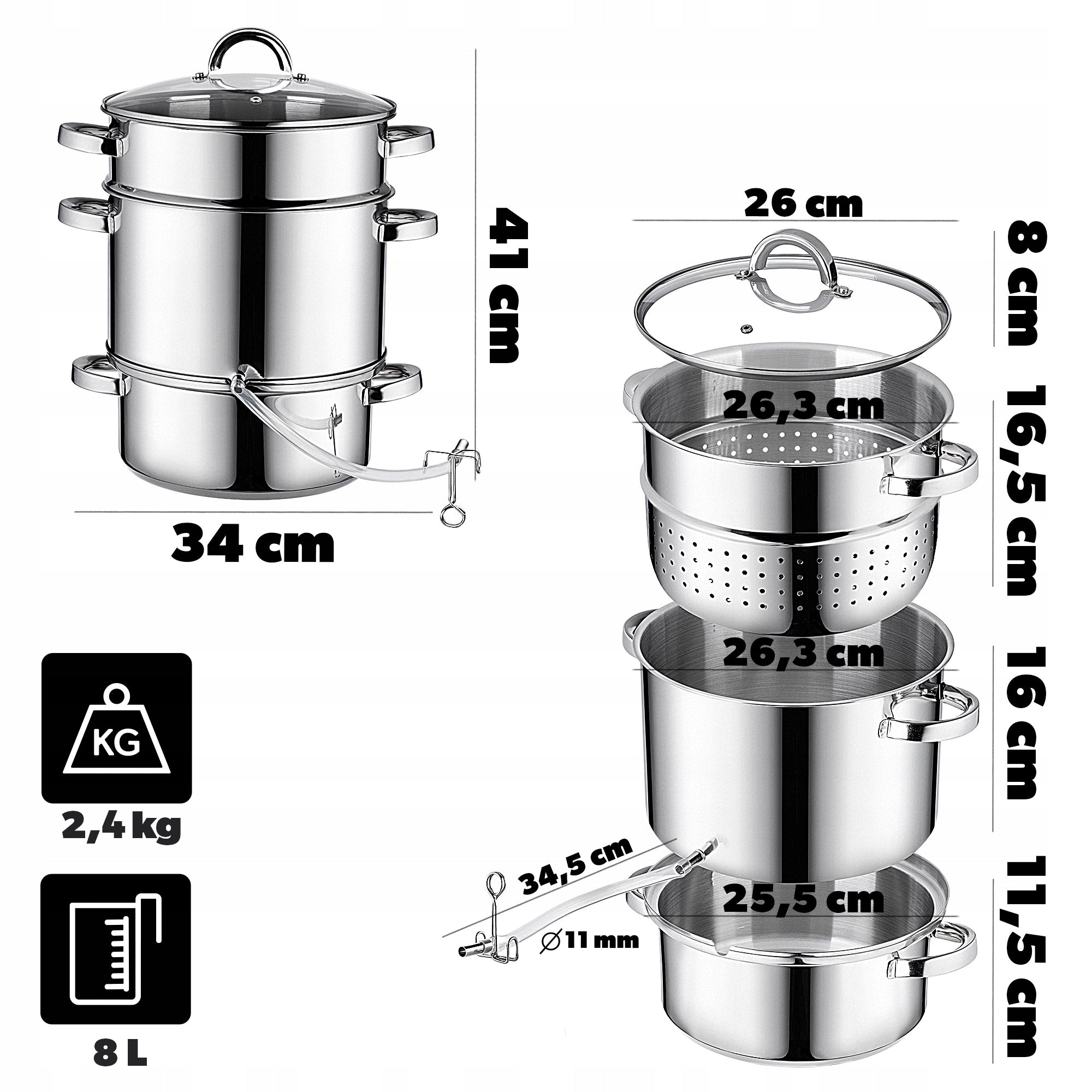 STEAM JUICER 8L FOR GAS INDUCTION STAINLESS STEEL POT 3in1 FOR FRUIT JUICES Capacity 8 l