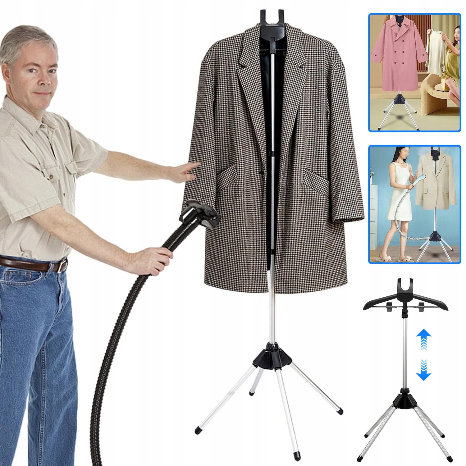 STEAM RACK FOR CLOTHES, TELESCOPIC TRIPOD AND CLOTHES HANGER