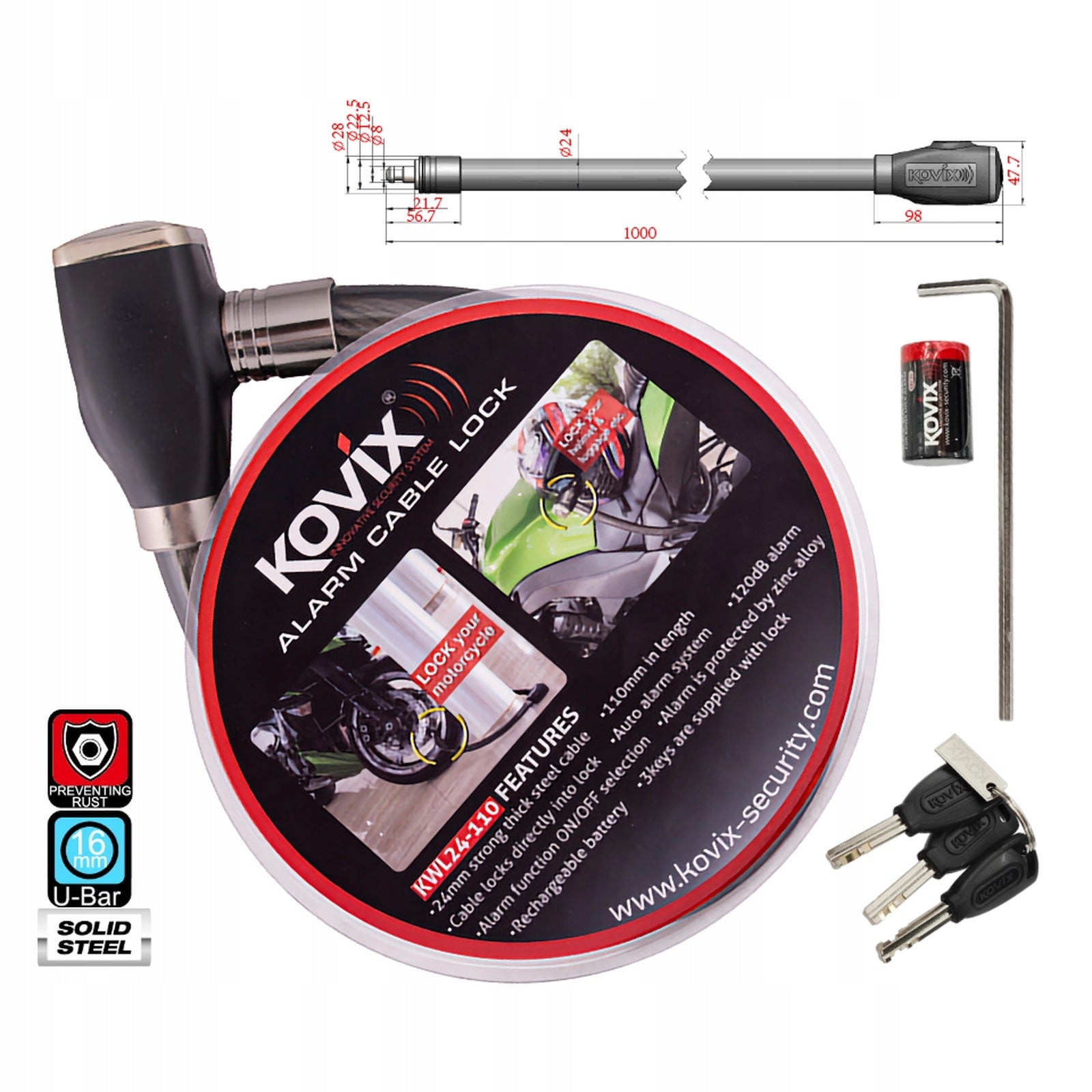 STEEL CABLE WITH ALARM KOVIX KWL24-110 WHEEL LOCK MOTORCYCLE BIKE