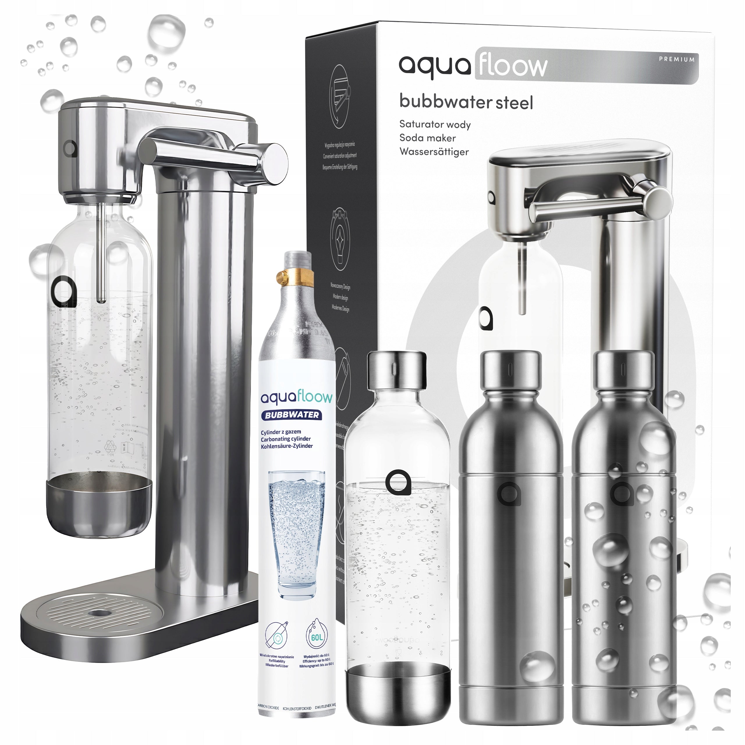 STEEL GASSING SATURATOR 3X WATER BOTTLE 800ML WITHOUT BPA CARTRIDGE CO2