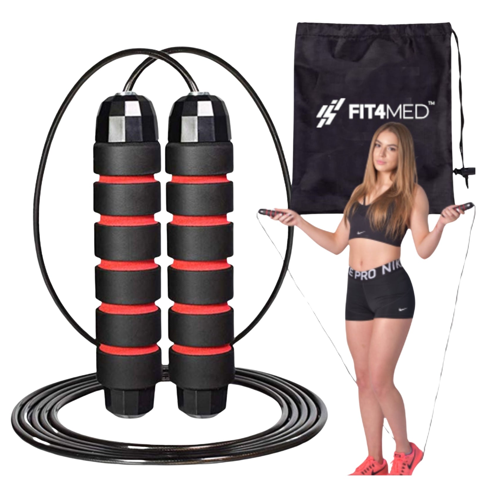 STEEL JUMP ROPE WITH BEARINGS ADJUSTABLE WITH CASE CROSSFIT EXERCISE TRAINING Brand Fit4Med