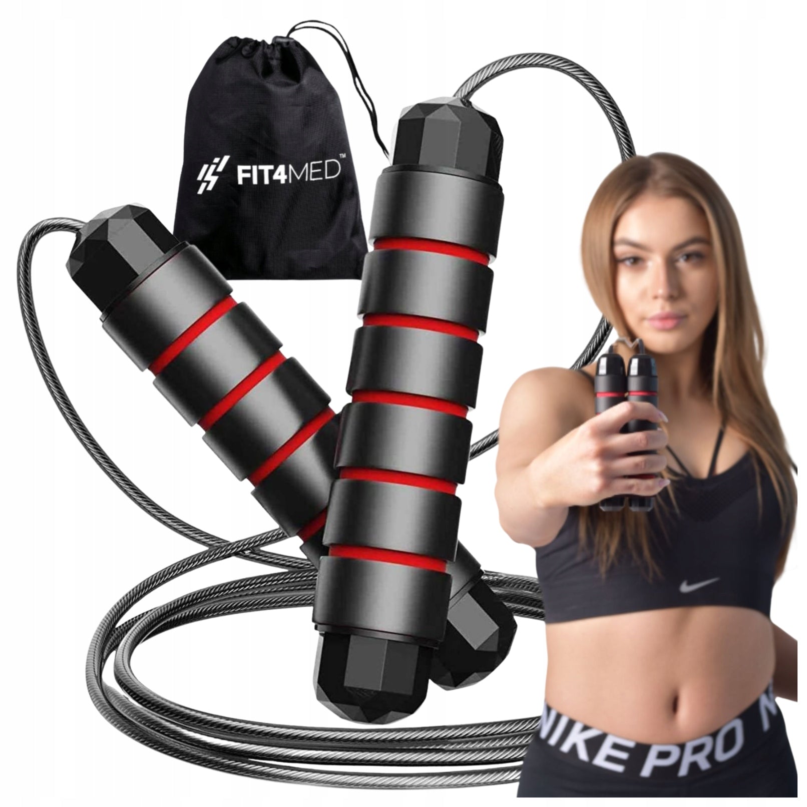 STEEL JUMP ROPE WITH BEARINGS ADJUSTABLE WITH CASE CROSSFIT EXERCISE TRAINING Rope length 300 cm