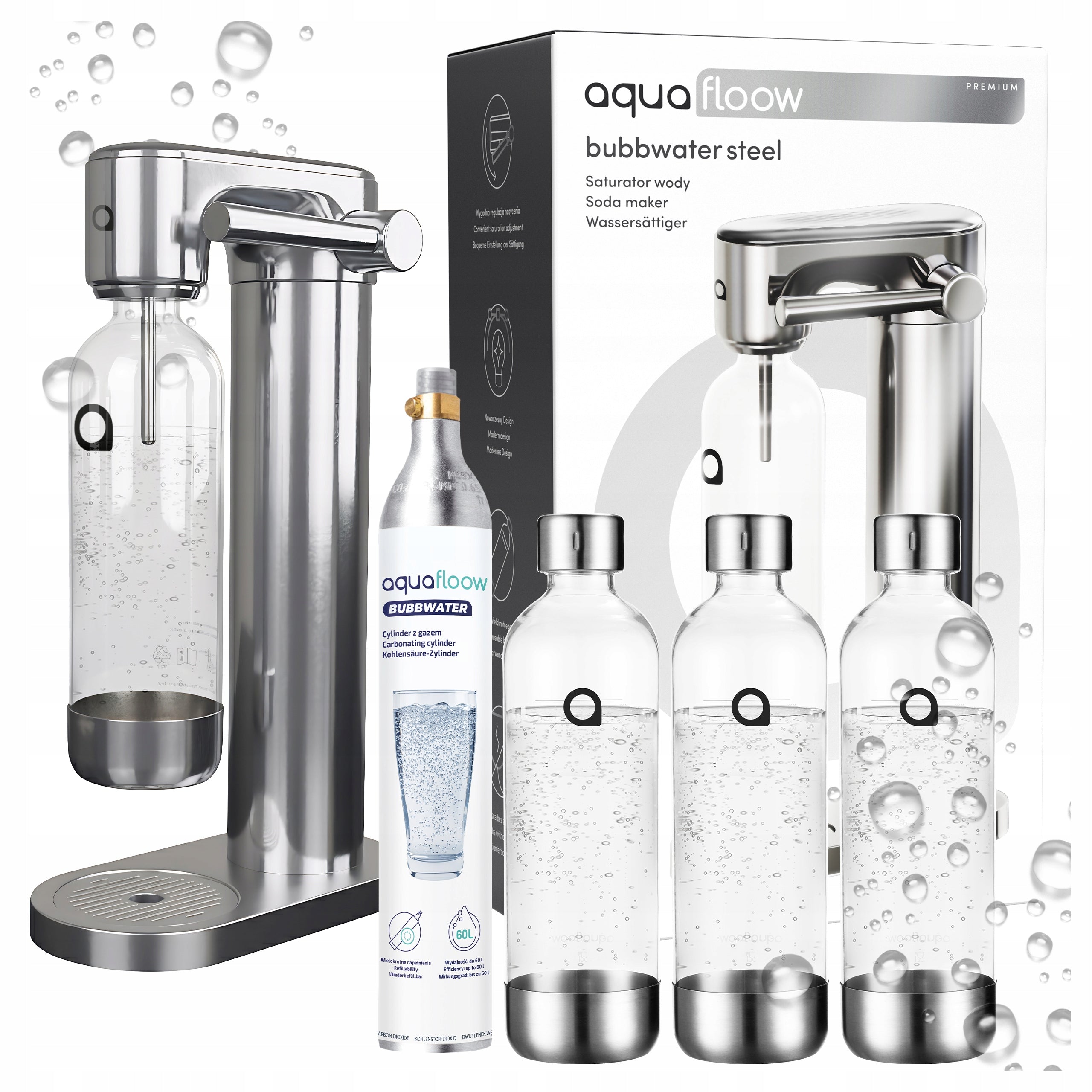 STEEL SATURATOR AQUAFLOOW 3X PLASTIC WATER BOTTLE CYLINDER CARTRIDGE CO2