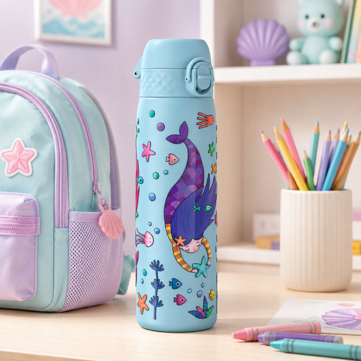 STEEL SCHOOL WATER BOTTLE PRESCHOOL CHILD MERMAID BOTTLE ION8 0,6L 600 ml Packaging status original