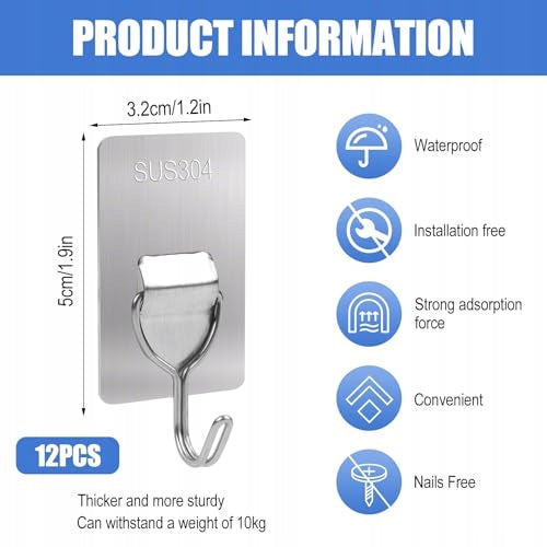 STEEL SELF-ADHESIVE HOOKS FOR BATHROOM KITCHEN STRONG WITHOUT DRILLING 12 PCS Manufacturer code Bez marki