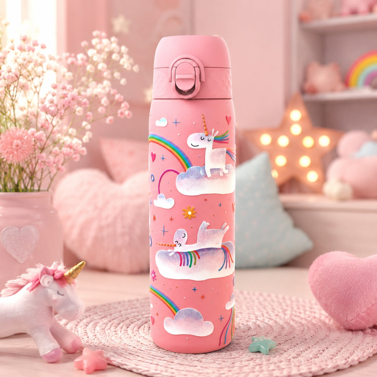 STEEL WATER BOTTLE - CERTIFIED PZH - UNICORN PONY HORSE PINK ION8 0,6 L Height 23.1 cm