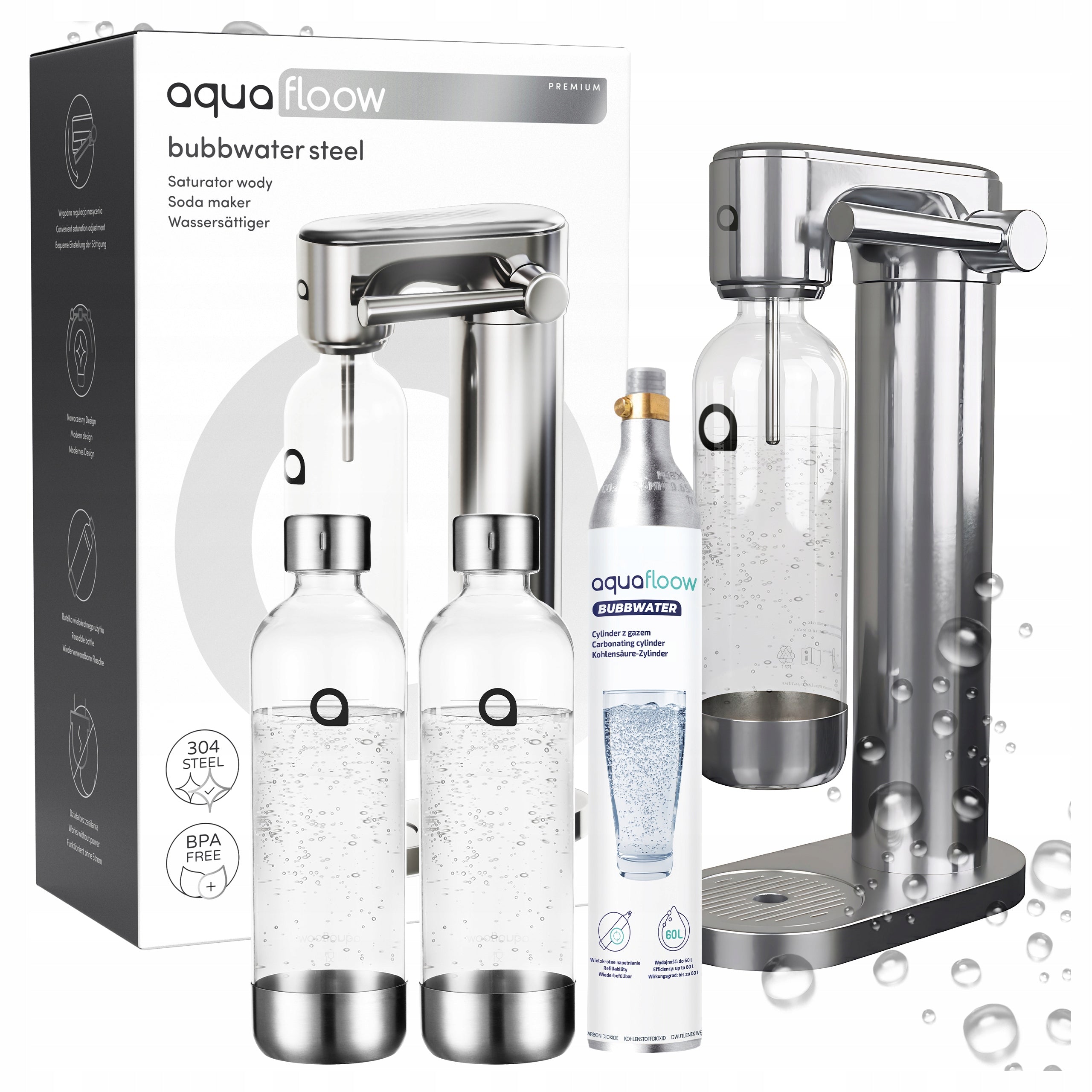 STEEL WATER GAS SATURATOR SET 2X WATER BOTTLE CO2 CARTRIDGE