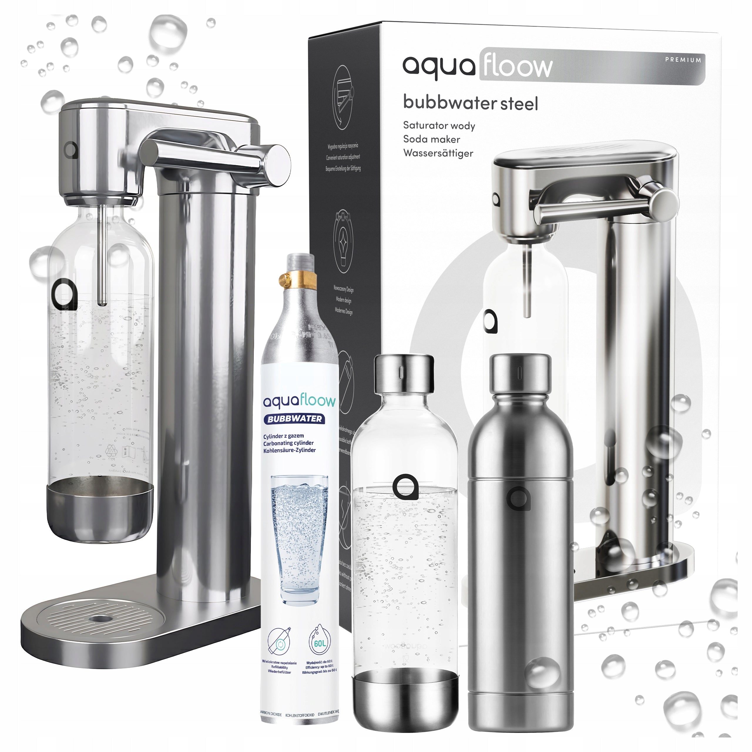 STEEL WATER SATURATOR 2X WATER BOTTLE AQUAFLOOW CYLINDER CO2 SET
