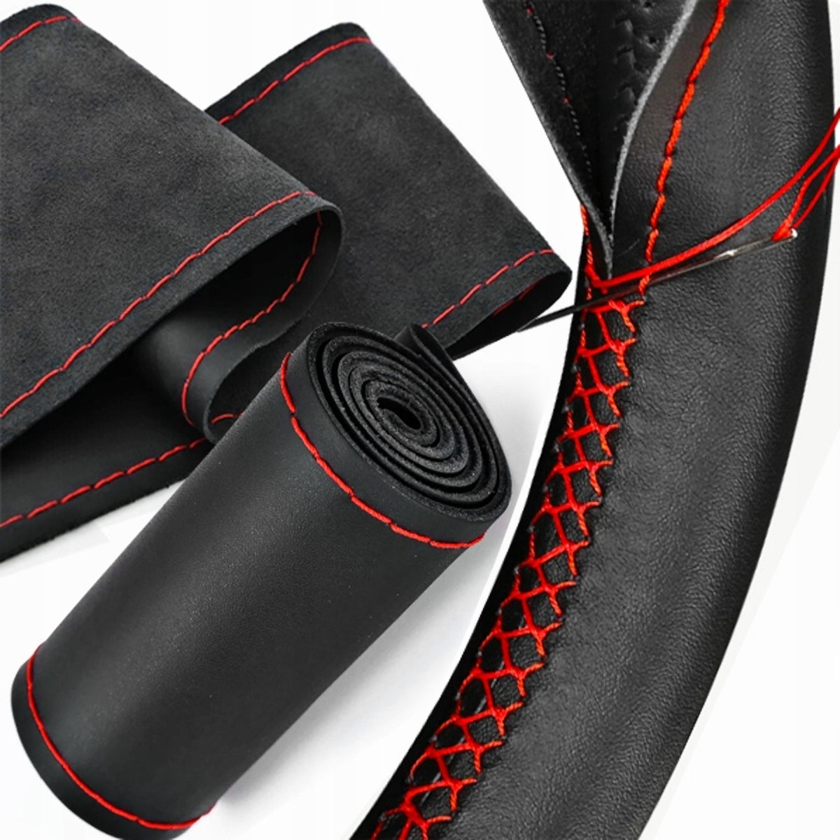 STEERING WHEEL COVER, BLACK, RED, STEERING WHEEL COVER.