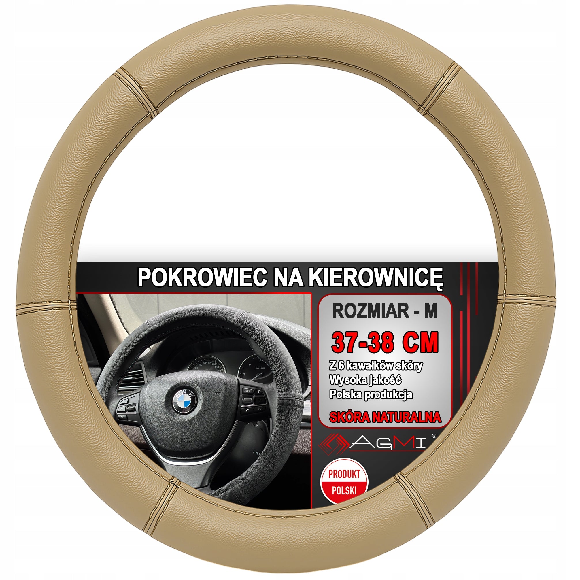 STEERING WHEEL COVER LEATHER COVER BEIGE LEATHER 6 PIECES 37-38 CM