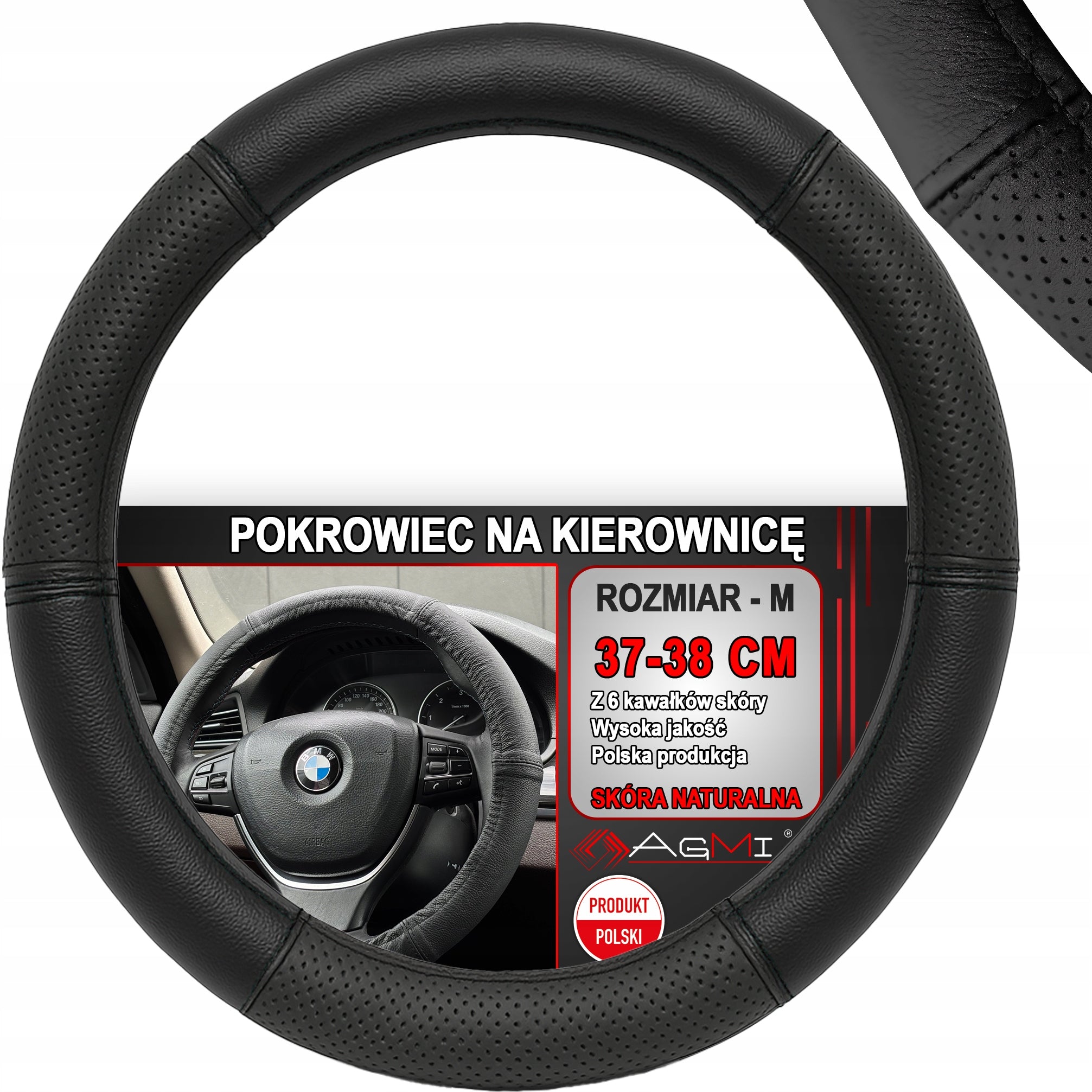 STEERING WHEEL COVER LEATHER COVER BLACK LEATHER 6 PIECES 37-38 CM