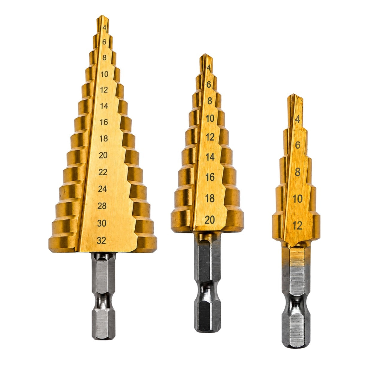 STEP CONICAL DRILL BIT FOR METAL 4-32MM SET OF 3PCS HEX WOOD STEEL HSS Brand Allbe