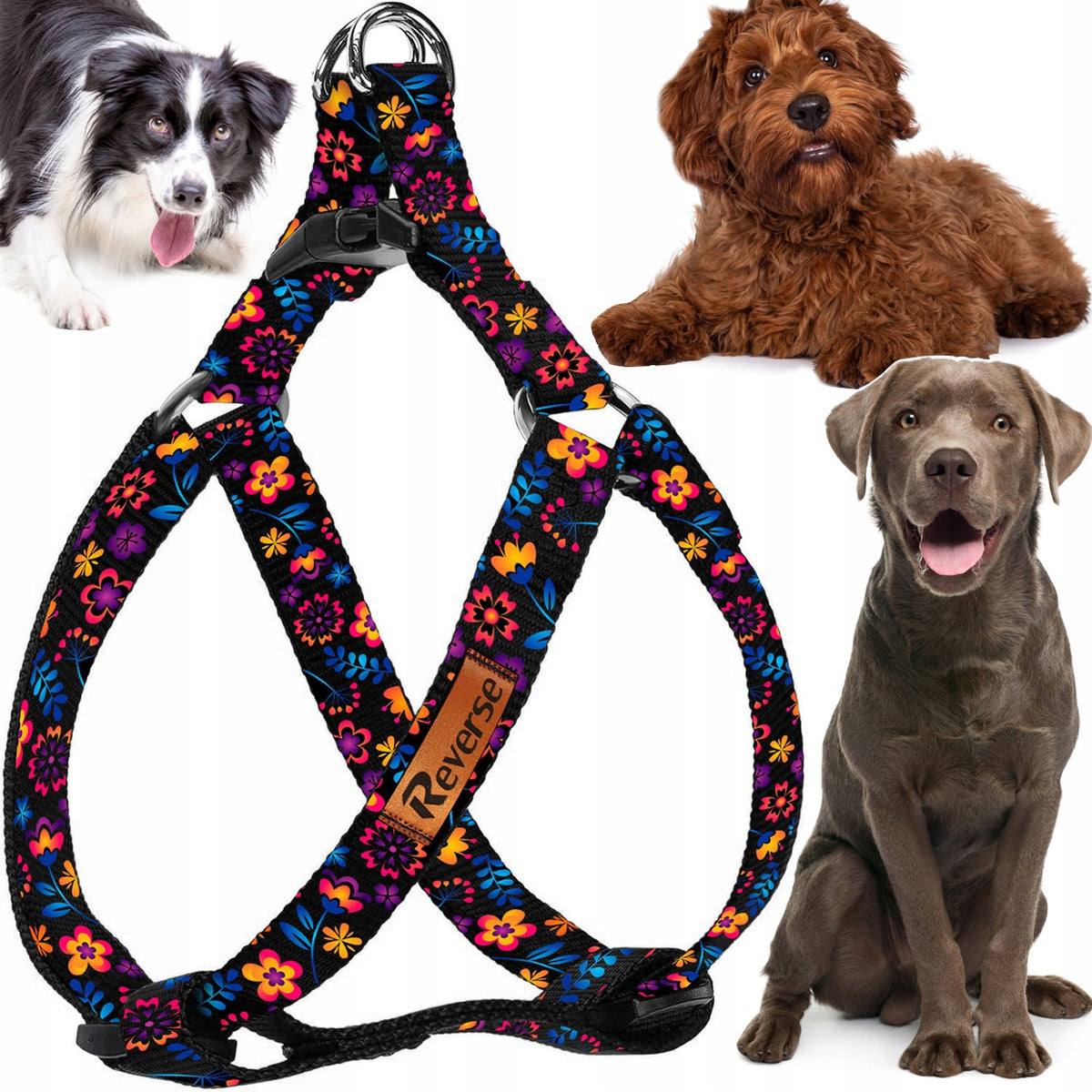 STEP IN HARNESS FOR DOG ADJUSTABLE STRONG PRESSURE-FREE DECENT FLOWERS ros. M