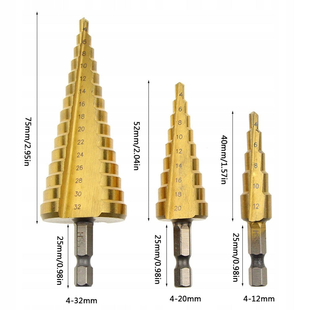 STEP TAPERED DRILL BITS FOR METAL SET OF 3 Manufacturer code Wiertła stopniowe HSS