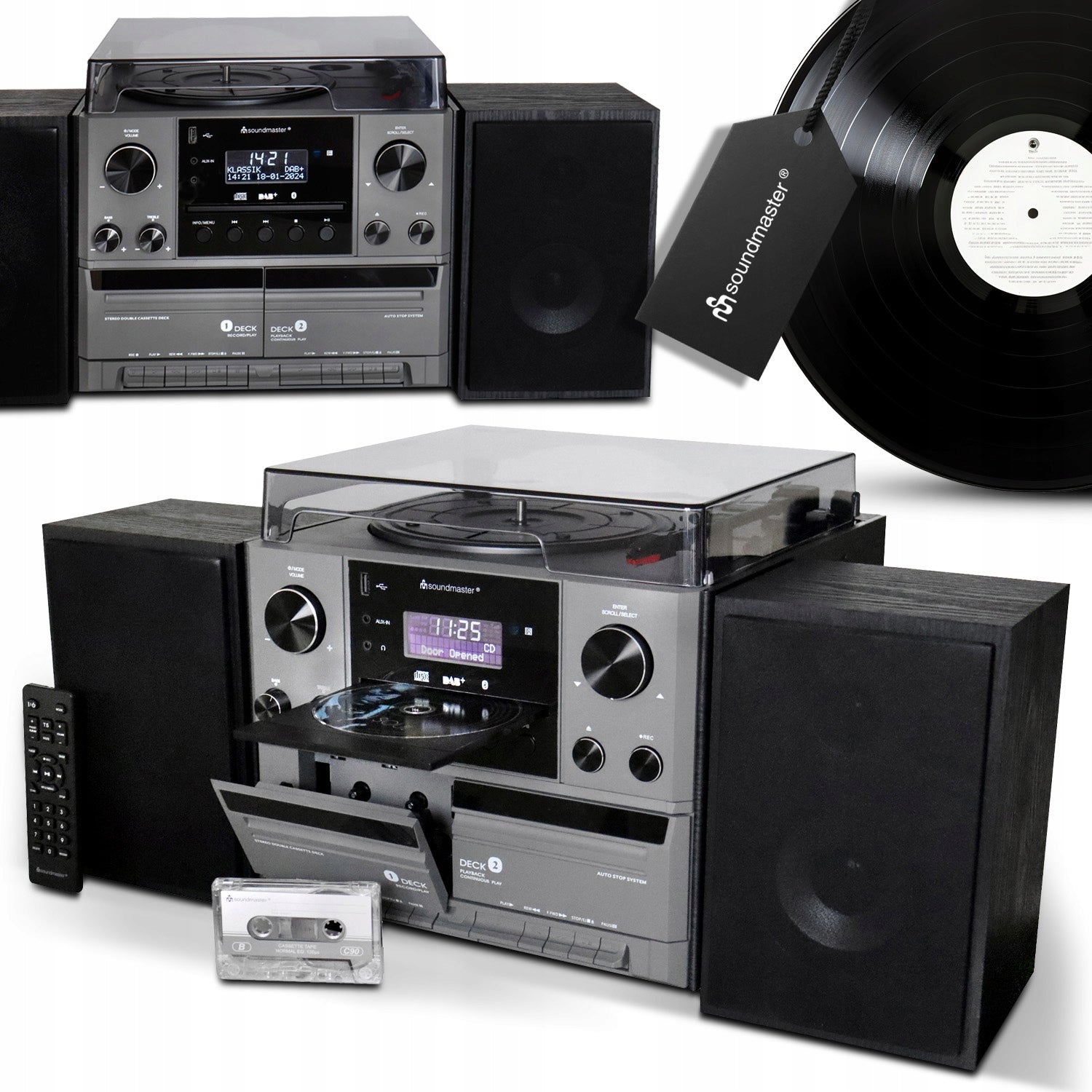 STEREO TOWER TURNTABLE SOUNDMASTER CASSETTE PLAYER TUNER FM USB BLUETOOTH