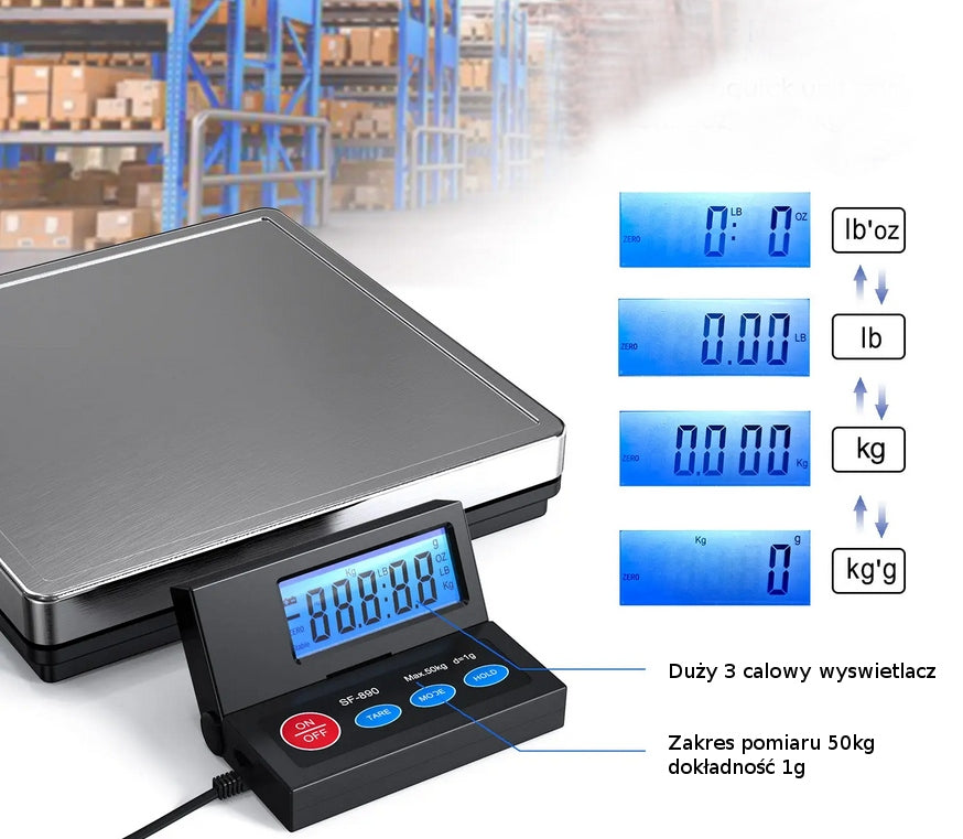 STORAGE POSTAL SCALE FOR RESIN 50kg 1g metal platform ( 50kg 2g ) Manufacturer code ETech SF-890M