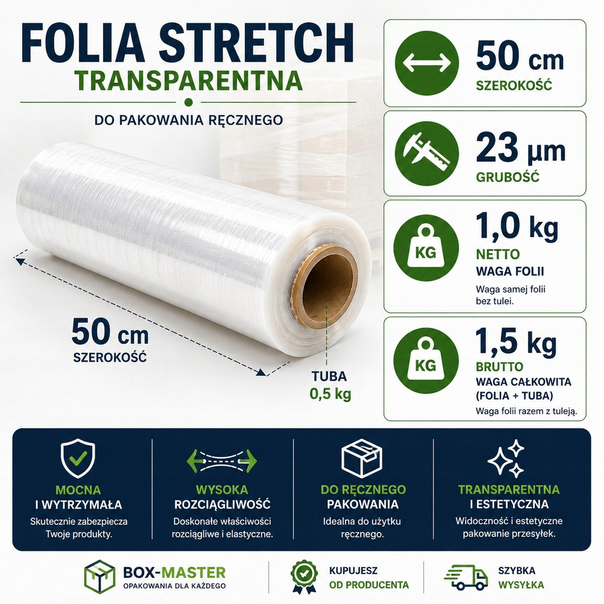 STRETCH FILM 1,5kg gross/1kg net 50 cm TRANSPARENT COLOURLESS