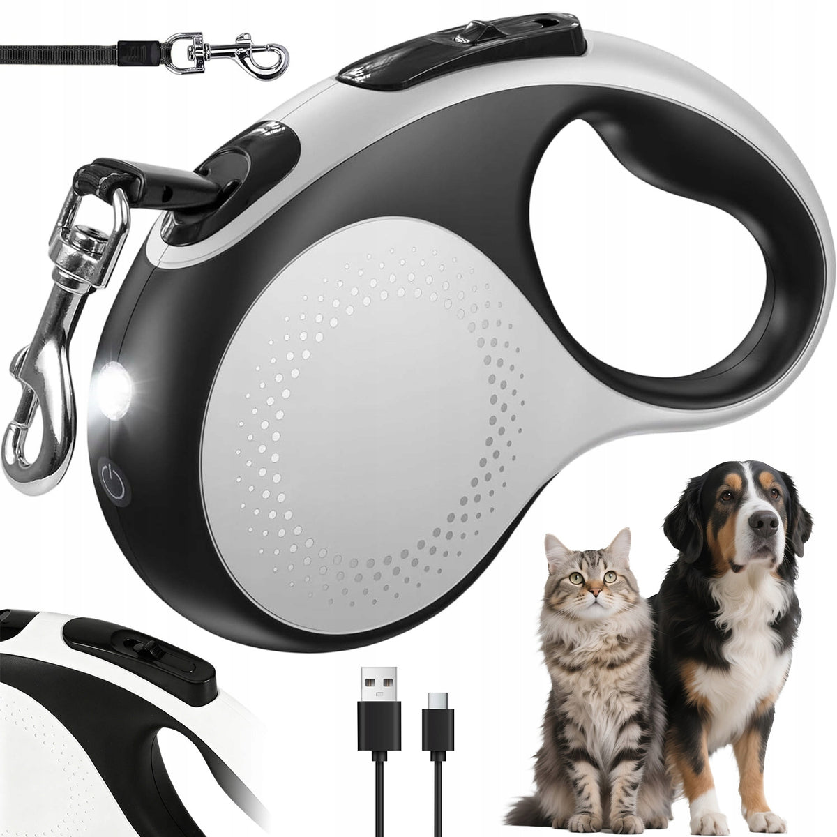STRETCHABLE AUTOMATIC LANYARD FOR DOGS WITH FLASHLIGHT TAPE 5M TO 30KG