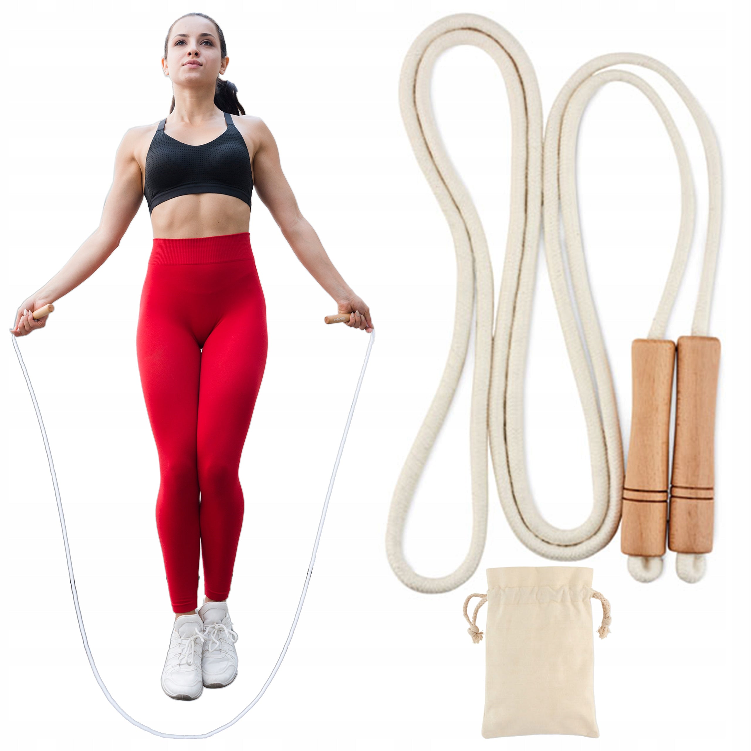 STRING JUMP ROPE Cotton Wooden Hands + Storage Pouch