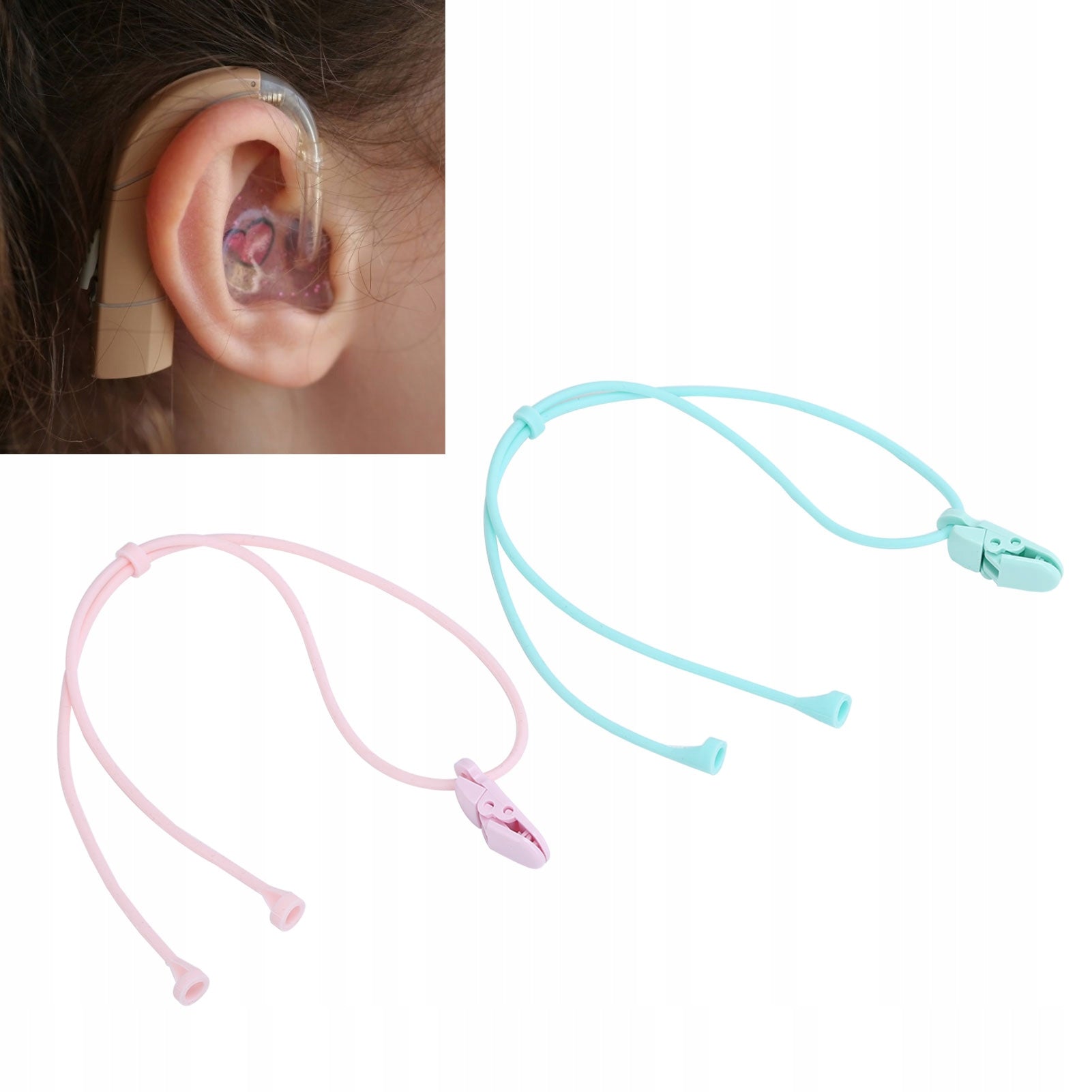 STRING PENDANT FOR HEARING AID CLIP 30CM PINK + GREEN Medical device no