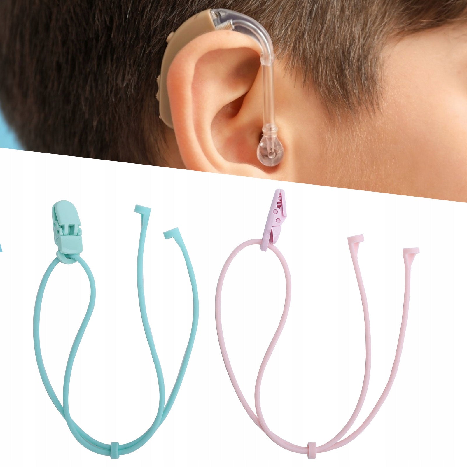 STRING PENDANT FOR HEARING AID CLIP 30CM PINK + GREEN Packaging status original